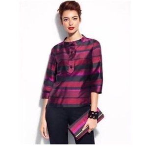 NWT Talbots 100% Silk Black Burgundy Stripe Blouse Top, 6 Petite